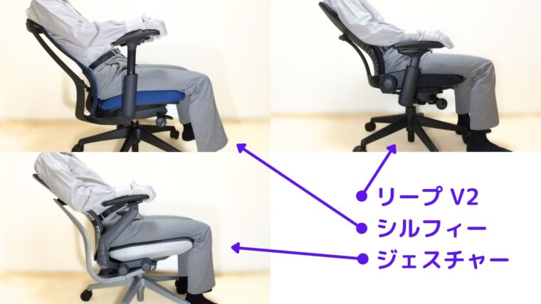 座面追従タイプのアームレストを持つオフィスチェアの例(シルフィー、リープ V2、ジェスチャー)
