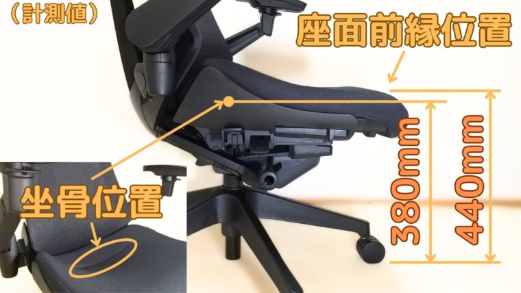 アクトチェアの座面前縁と坐骨位置での座面高さ