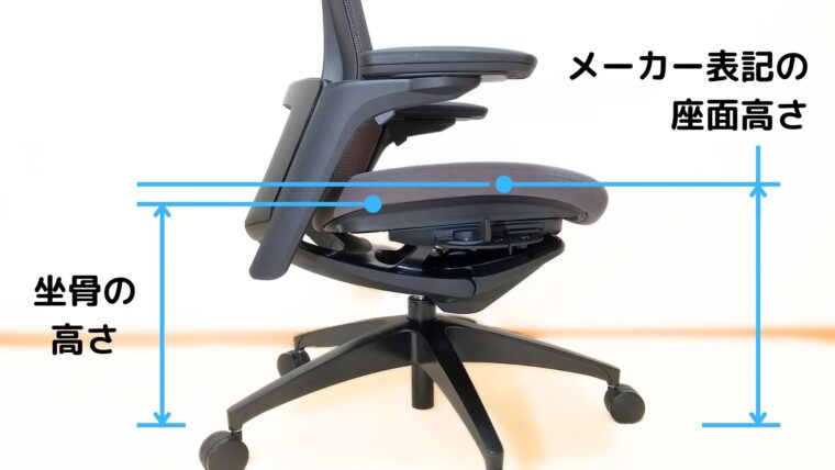 メーカー表記の座面高さと坐骨位置の高さの比較